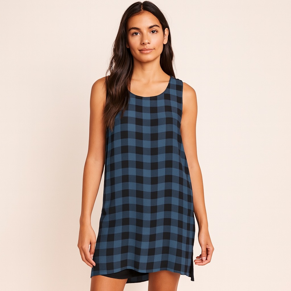 Eileen Fisher System Silk Buffalo Check Plaid Tunic Tank Top Black & Blue Size S